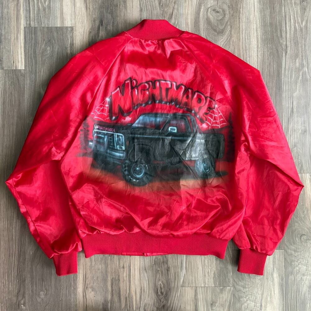 Vintage 1980s Airbrushed Satin Jacket Men's Size L Red Nightmare Truck Chevy Art
